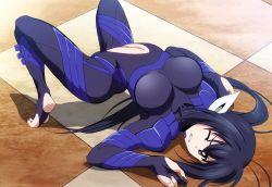 Rule 34 | 10s, 1girl, anime screenshot, ass, blue eyes, bodysuit, breasts, feet, formal, highres, kaminashi nozomi, keijo!!!!!!!!, latex, long hair, navel, rubber, solo, stitched, suit, third-party edit, tight clothes, toeless legwear, toes, training suit