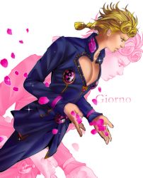 Rule 34 | 1boy, bad id, bad pixiv id, blonde hair, braid, bug, giorno giovanna, highres, insect, jojo no kimyou na bouken, ladybug, male focus, pectoral cleavage, pectorals, petals, r 13 a, risa (rottencandy), solo, vento aureo, zoom layer