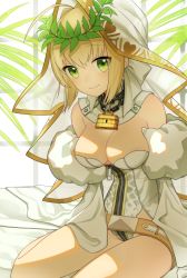 Rule 34 | 10s, 1girl, ahoge, bad id, bad pixiv id, bare shoulders, belt, blonde hair, breasts, chain, cleavage, detached collar, detached sleeves, fate/extra, fate/extra ccc, fate (series), full-length zipper, green eyes, hair bun, kisenka momi, large breasts, leotard, lock, looking at viewer, loose belt, nero claudius (bride) (fate), nero claudius (bride) (third ascension) (fate), nero claudius (fate), nero claudius (fate) (all), padlock, single hair bun, sitting, smile, solo, strapless, strapless leotard, veil, wreath, zipper