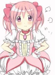 Rule 34 | 10s, 1girl, :t, ahoge, bad id, bad pixiv id, blush, bow, brooch, choker, dress, fume, gloves, hair bow, hair ribbon, hands on own hips, highres, hitode, jewelry, kaname madoka, looking at viewer, magical girl, mahou shoujo madoka magica, mahou shoujo madoka magica (anime), pink eyes, pink hair, pout, ribbon, short hair, short twintails, solo, twintails, white gloves