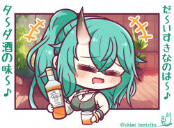 Rule 34 | +++, 1girl, absurdres, arknights, bangle, bare shoulders, benizika, blush, bottle, bracelet, breasts, chibi, cleavage, closed eyes, cup, drink, drinking glass, drooling, facing viewer, green hair, hair between eyes, highres, holding, holding bottle, holding cup, horns, hoshiguma (arknights), jewelry, large breasts, mouth drool, plant, ponytail, potted plant, signature, single horn, solo, translation request, twitter username, upper body, wooden floor