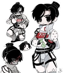 Rule 34 | 1girl, animification, apex legends, black eyes, black hair, bodysuit, breasts, cable, edorai, frown, gloves, hair behind ear, hair bun, highres, holding, holding knife, knife, kunai, looking at viewer, medium breasts, multiple views, official alternate costume, quarantine 722 wraith, weapon, white background, white bodysuit, white gloves, hope&#039;s dusk (apex legends), wraith (apex legends)