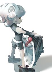 Rule 34 | 1girl, arm warmers, ass, bike shorts, black arm warmers, black footwear, black shorts, bloblobber (splatoon), gradient hair, grey hair, highres, koike3582, legs apart, multicolored hair, nintendo, octoling, octoling girl, octoling player character, pink hair, red eyes, shadow, shoes, short hair, shorts, simple background, single arm warmer, single vertical stripe, solo, splatoon (series), standing, suction cups, tentacle hair, two-tone hair, white background