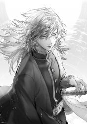 Rule 34 | 1boy, belt, buttons, closed mouth, demon slayer uniform, floating hair, from above, from side, greyscale, hand on hilt, haori, highres, japanese clothes, katana, kimetsu no yaiba, long hair, long sleeves, looking afar, looking to the side, male focus, monochrome, rain, ruint, signature, solo, sword, tomioka giyuu, upper body, weapon, wet