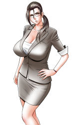 Rule 34 | 1girl, breasts, brown eyes, brown hair, business suit, cleavage, formal, glasses, hand on own hip, highres, hip focus, huge breasts, mole, mole under eye, office lady, pencil skirt, ponytail, skirt, skirt suit, solo, suit, tatsunami youtoku