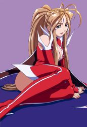 Rule 34 | aa megami-sama, absurdres, antenna hair, bare shoulders, belldandy, blue eyes, boots, breasts, brown hair, cleavage, detached sleeves, earrings, facial mark, forehead mark, highres, jewelry, latex, latex boots, latex leotard, leotard, long hair, looking at viewer, medium breasts, ponytail, sitting, smile, thigh boots, thighhighs, very long hair