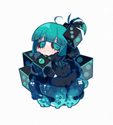 Rule 34 | 1boy, 21 ke, :/, ahoge, aqua eyes, aqua hair, aqua skin, black gloves, blue capelet, blunt bangs, capelet, chibi, chinese commentary, closed mouth, colored eyelashes, colored sclera, colored skin, dice hair ornament, elbow gloves, feather hair ornament, feathers, full body, fur-trimmed capelet, fur collar, fur trim, gloves, hair ornament, hands up, holding, holding dice, looking at viewer, male focus, monster boy, multicolored skin, original, red sclera, short hair, simple background, solo, suction cups, tentacles, white background