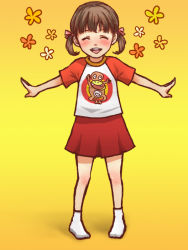 Rule 34 | 1girl, atlus, brown hair, doujima nanako, closed eyes, legs, outstretched arms, pencil (enpitsu), persona, persona 4, shirt, short twintails, skirt, smile, socks, solo, standing, t-shirt, twintails