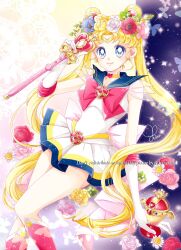 Rule 34 | 1girl, back bow, bishoujo senshi sailor moon, bishoujo senshi sailor moon s, blonde hair, blue eyes, blue sailor collar, boots, bow, bowtie, brooch, choker, circlet, crescent, crescent earrings, double bun, earrings, elbow gloves, flower, garnet rod, gloves, gold earrings, hair bun, hair flower, hair ornament, heart, heart brooch, heart choker, heart wand, high heel boots, high heels, highres, jewelry, long hair, miniskirt, multicolored clothes, multicolored skirt, parted bangs, pink bow, pleated skirt, red bow, red bowtie, red footwear, sailor collar, sailor moon, sarashina kau, shirt, short sleeves, simple background, skirt, smile, solo, spiral heart moon rod, super sailor moon, tsukino usagi, twintails, very long hair, white background, white gloves, white shirt, yellow choker, yellow gemstone