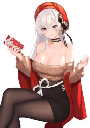 Rule 34 | 1girl, abab xiaxia, azur lane, bare shoulders, belfast (azur lane), belfast (shopping with the head maid) (azur lane), beret, black bow, black choker, black pantyhose, black skirt, blush, bow, breasts, brown sweater, choker, cleavage, closed mouth, collarbone, commentary request, crossed legs, earrings, feet out of frame, gift, gold trim, hair bow, hat, high-waist skirt, highres, holding, holding gift, hoop earrings, invisible chair, jewelry, large breasts, long sleeves, looking at viewer, mixed-language commentary, nail polish, off-shoulder sweater, off shoulder, pantyhose, pink nails, purple eyes, red hat, ribbon, silver hair, sitting, skirt, smile, solo, sweater, white ribbon