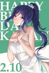 Rule 34 | 1girl, artist name, bare arms, bare shoulders, blue hair, commentary, dated, dress, english commentary, green background, hair ornament, hands on own chest, hands up, happy birthday, long hair, looking at viewer, love live!, love live! sunshine!!, matsuura kanan, ponytail, purple eyes, shell hair ornament, simple background, sleeveless, sleeveless dress, smile, solo, starfish hair ornament, terupancake, twitter username, two-tone background, white background, white dress