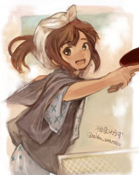 Rule 34 | 10s, 1girl, :d, aika warazu, artist name, brown eyes, brown hair, gradient background, highres, i-401 (kancolle), kantai collection, open mouth, paddle, smile, solo, sweat, table tennis, table tennis paddle, twitter username