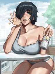 Rule 34 | 1girl, absurdres, alcohol, bare shoulders, beer, beer can, black hair, blush, breasts, can, chainsaw man, cigarette, day, drink can, elbow rest, eyepatch, green eyes, grey tank top, highres, himeno (chainsaw man), hkart, holding, holding can, holding cigarette, large breasts, looking at viewer, off shoulder, panties, pointing, short hair, smoke, solo, table, tank top, thighs, tree, underwear, v