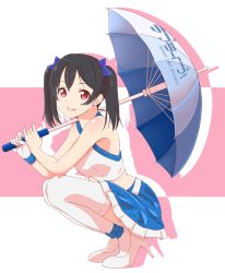 Rule 34 | 10s, 1girl, bare shoulders, black hair, copyright name, egooo, gloves, high heels, highres, looking at viewer, love live!, love live! school idol project, midriff, parasol, race queen, red eyes, short hair, single glove, skirt, solo, squatting, thighhighs, twintails, umbrella, white gloves, white thighhighs, yazawa nico