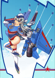 Rule 34 | 1girl, aircraft, airplane, airplane wing, blue eyes, breasts, elbow gloves, fingerless gloves, full body, gloves, grey hair, highres, jet, large breasts, leotard, long hair, looking at viewer, mecha musume, military, nail polish, original, personification, solo, star (symbol), stirrup legwear, thighhighs, toeless legwear, z.s.w.