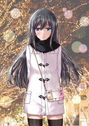 Rule 34 | 10s, 1girl, arms behind back, asashio (kancolle), bag, black hair, black thighhighs, blue eyes, blurry, blush, bokeh, coat, cowboy shot, depth of field, duffel coat, kantai collection, lens flare, lights, long hair, looking at viewer, mikage takashi, shoulder bag, solo, standing, thighhighs, winter clothes, winter coat, zettai ryouiki