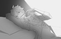 Rule 34 | 1boy, absurdres, arm behind head, arm up, bed sheet, biting, closed mouth, genshin impact, glove biting, glove pull, gloves, greyscale, hair between eyes, highres, koloblock, lying, male focus, monochrome, navel, no pants, on back, pillow, sleeves rolled up, solo, tartaglia (genshin impact), torn, torn clothes, torn gloves