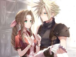Rule 34 | 1boy, 1girl, aerith gainsborough, blonde hair, blue eyes, braid, braided ponytail, carrying, choker, cloud strife, cropped jacket, dress, final fantasy, final fantasy vii, final fantasy vii remake, frilled dress, frills, green eyes, gumiseijin, jewelry, looking at another, necklace, princess carry, short sleeves, sleeveless, smile