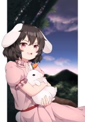 Rule 34 | 1girl, animal ears, bamboo, black hair, blue sky, carrot necklace, cloud, commentary, cowboy shot, dress, english commentary, flat chest, floppy ears, frilled sleeves, frills, highres, holding animal, holding rabbit, inaba tewi, jewelry, looking at viewer, mashirohiyuki, mountainous horizon, necklace, open mouth, outdoors, pink dress, puffy short sleeves, puffy sleeves, rabbit, rabbit ears, rabbit girl, rabbit tail, red eyes, red sash, round teeth, sash, short hair, short sleeves, sky, smile, solo, tail, teeth, touhou
