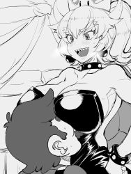 Rule 34 | 1boy, 1girl, armlet, bare shoulders, between breasts, black collar, black dress, blush, bowsette, bracelet, breasts, cleavage, collar, crown, dress, head between breasts, highres, horns, huge breasts, jewelry, large breasts, long hair, mario (series), new super mario bros. u deluxe, nintendo, pointy ears, ponytail, sharp teeth, spiked armlet, spiked bracelet, spiked collar, spiked shell, spikes, super crown, teeth, turtle shell, upper body