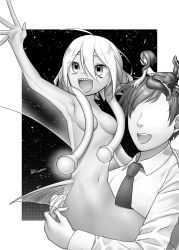Rule 34 | 1boy, 2girls, :d, absurdres, ahoge, akira (meltyhip), collared shirt, completely nude, faceless, faceless male, fins, greyscale, highres, holding person, long sleeves, medium hair, mermaid, mini person, minigirl, monochrome, monster girl, multiple girls, navel, necktie, nude, on head, open mouth, original, scylla, sharp teeth, shirt, sidelocks, signature, smile, teeth, tentacle hair, wing collar