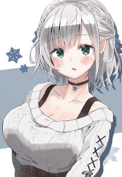 Rule 34 | 1girl, absurdres, black choker, black skirt, blue ribbon, blush, breasts, choker, cleavage, commentary request, cowboy shot, green eyes, grey hair, hair ribbon, highres, hololive, large breasts, looking at viewer, nabisuko25, parted lips, plaid, plaid skirt, ribbed sweater, ribbon, shirogane noel, shirogane noel (casual), short hair, skirt, solo, sweater, upper body, virtual youtuber, white sweater