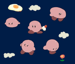 Rule 34 | apios, black eyes, blue background, cake, cake slice, cloud, flat color, flower, food, fried egg, fruit, full body, highres, holding, holding food, kirby, kirby (series), multiple views, nintendo, no humans, open mouth, orange flower, simple background, sketch, standing, strawberry