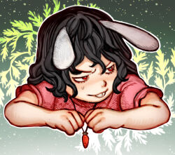 Rule 34 | 1girl, animal ears, black hair, buck teeth, carrot necklace, closed mouth, commentary, cropped torso, english commentary, floppy ears, green bag, hair between eyes, inaba tewi, jewelry, looking to the side, medium bangs, necklace, ohanessia, outline, pink shirt, puffy short sleeves, puffy sleeves, rabbit ears, rabbit girl, red eyes, shirt, short hair, short sleeves, solo, teeth, touhou, upper body, v-shaped eyebrows, wavy hair, white outline