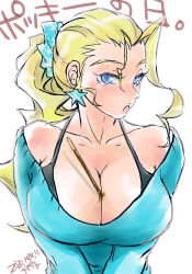 Rule 34 | 1girl, blonde hair, blue eyes, bra strap, breasts, cleavage, earrings, food, highres, jewelry, justice gakuen, large breasts, looking at viewer, misodiru, object between breasts, off-shoulder sweater, off shoulder, pocky, pocky day, ponytail, simple background, solo, sweater, tiffany lords, upper body