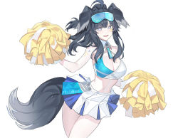 Rule 34 | 1girl, bare arms, bare shoulders, black hair, blue archive, breasts, cleavage, commentary, cowboy shot, crop top, echj, goggles, goggles on head, hibiki (blue archive), hibiki (cheer squad) (blue archive), highres, holding, holding pom poms, large breasts, large tail, long hair, midriff, millennium cheerleader outfit (blue archive), miniskirt, navel, pom pom (cheerleading), pom poms, purple eyes, revision, simple background, skirt, sleeveless, solo, standing, stomach, tail, thighs, white background