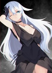 Rule 34 | 1girl, absurdres, bare shoulders, black dress, black gloves, black heart (neptunia), blue eyes, breasts, buran buta, cleavage, commentary request, dress, gloves, highres, jewelry, long hair, looking at viewer, medium breasts, necklace, neptune (series), noire (neptunia), one eye closed, power symbol, power symbol-shaped pupils, see-through, solo, symbol-shaped pupils, very long hair, white hair