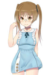 Rule 34 | 10s, 1girl, adjusting hair, arm behind back, bare shoulders, black ribbon, blue dress, blush, breasts, brown eyes, brown hair, casual, closed mouth, cowboy shot, dress, girls und panzer, glasses, hair ribbon, jewelry, long hair, looking at viewer, necklace, oono aya, ribbon, round eyewear, short dress, simple background, sleeveless, sleeveless dress, smile, solo, standing, twintails, white background, yaoyasan