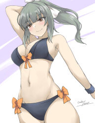 Rule 34 | 1girl, armpit peek, artist name, bikini, black bikini, blush, bow, breasts, brown eyes, cleavage, closed mouth, commentary request, cowboy shot, dated, front-tie bikini top, front-tie top, gakky, green hair, kantai collection, looking at viewer, medium breasts, medium hair, navel, one-hour drawing challenge, orange bow, side-tie bikini bottom, simple background, smile, solo, swimsuit, white background, white bow, yuubari (kancolle)