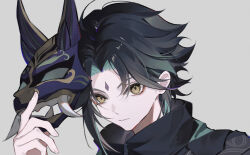 Rule 34 | 1boy, ahoge, black hair, black jacket, blue hair, closed mouth, diamond-shaped pupils, diamond (shape), eyeshadow, facial mark, fingernails, forehead mark, genshin impact, grey background, hair between eyes, hand up, highres, holding, holding mask, jacket, long sleeves, looking at viewer, makeup, male focus, mask, multicolored hair, purple mask, red eyeshadow, short hair, simple background, solo, symbol-shaped pupils, track jacket, two-tone hair, upper body, v-shaped eyebrows, xiao (genshin impact), xingxing mei, yellow eyes, zipper