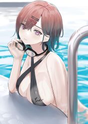 Rule 34 | 1girl, absurdres, bare shoulders, black one-piece swimsuit, blush, breasts, brown hair, cleavage, hair ornament, hairpin, highres, higuchi madoka, idolmaster, idolmaster shiny colors, large breasts, looking at viewer, one-piece swimsuit, pool, purple eyes, short hair, sideboob, solo, swimsuit, wet, wet hair, yougashi
