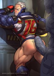 Rule 34 | 2boys, against wall, ass, blush, bottomless, erection, gloves, highres, imminent anal, imminent penetration, large penis, lucio (overwatch), luxuris, male focus, multiple boys, muscular, overwatch, overwatch 1, penis, scar, silver hair, soldier: 76 (overwatch), sweat, uncensored, yaoi
