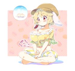 Rule 34 | 1girl, animal ears, baozi, barefoot, blonde hair, blush, breasts, brown hat, cleavage, closed mouth, commentary, flat cap, floppy ears, food, food-themed background, full body, groin, hat, hungry, indian style, large breasts, navel, pink background, rabbit ears, red eyes, ringo (touhou), short hair, short sleeves, shorts, sitting, solo, striped clothes, striped shorts, sweatdrop, tanasuke, thought bubble, touhou, vertical-striped clothes, vertical-striped shorts, yellow shorts