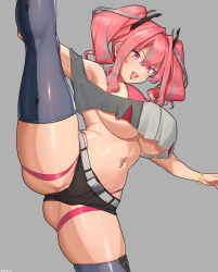 Rule 34 | 1girl, :d, azur lane, belt, bikini, bikini under clothes, black shorts, bracelet, breasts, bremerton (azur lane), commentary request, cowboy shot, crop top, crop top overhang, cropped shirt, grey background, grey belt, grey hair, grey shirt, grey thighhighs, hair between eyes, hair intakes, hair ornament, highleg, highleg bikini, highres, jewelry, large breasts, leg hold, long hair, looking at viewer, micro shorts, mole, mole under eye, multicolored hair, navel, navel piercing, off shoulder, open mouth, paid reward available, piercing, pink bikini, pink eyes, pink hair, saitou touko, shirt, shorts, sidelocks, signature, simple background, single bare shoulder, skindentation, smile, split, standing, standing on one leg, standing split, stomach, streaked hair, swimsuit, thigh strap, thighhighs, twintails, two-tone hair, two-tone shirt, two-tone thighhighs, underboob