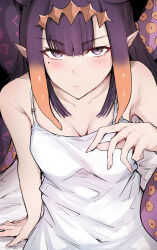 Rule 34 | 1girl, absurdres, blush, breasts, cleavage, highres, hololive, hololive english, long hair, looking at viewer, mole, mole under eye, ninomae ina&#039;nis, pointy ears, purple eyes, purple hair, sak1 01, shirt, small breasts, solo, tentacle hair, tentacles, virtual youtuber, white shirt
