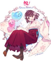Rule 34 | 1girl, atelier (series), atelier sophie, boots, brown eyes, cherry blossoms, cross-laced footwear, hakama, hakama skirt, highres, japanese clothes, kimono, lace-up boots, noco (adamas), official art, open mouth, puni (atelier), red hair, red hakama, short hair, skirt, smile, solo, sophie neuenmuller