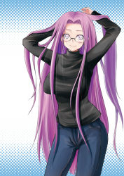 Rule 34 | blush, breasts, denim, fate/stay night, fate (series), glasses, jeans, large breasts, long hair, medusa (fate), medusa (rider) (fate), pants, purple eyes, purple hair, smile, solo, square pupils, turtleneck, very long hair, zanku
