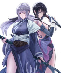 Rule 34 | 2girls, akito1218, back tattoo, black hair, blue eyes, breasts, chinese clothes, closed mouth, gloves, heterochromia, highres, holding, holding polearm, holding sword, holding weapon, japanese clothes, long hair, long sleeves, looking at viewer, mikoto (samurai spirits), mother and daughter, multiple girls, ninja, partially fingerless gloves, pointy ears, polearm, purple eyes, purple hair, red eyes, samurai spirits, shiki (samurai spirits), short hair, short sword, sword, tantou, tattoo, weapon, white background