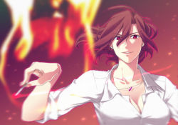 Rule 34 | &gt;:), 1girl, aozaki touko, blurry, breasts, cigarette, cleavage, depth of field, fire, floating hair, hair between eyes, jewelry, kara no kyoukai, looking at viewer, motion blur, necklace, parted lips, ponytail, red eyes, red hair, shirt, smile, solo, type-moon, uchida shiki, upper body, v-shaped eyebrows, white shirt