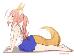 Rule 34 | 1girl, aged down, animal ear fluff, animal ears, bare arms, bare shoulders, barefoot, blue skirt, brown eyes, brown hair, camisole, commentary request, fate/extra, fate (series), fox ears, fox girl, fox tail, from side, haryuu (poetto), long hair, looking away, lying, on stomach, parted lips, pleated skirt, ponytail, profile, shadow, skirt, solo, tail, tamamo (fate), tamamo no mae (fate/extra), twitter username, very long hair, white background, white camisole
