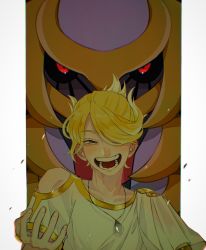 Rule 34 | 1boy, :d, black sclera, blonde hair, blouse, blurry, blush, chromatic aberration, colored sclera, commentary request, crazy smile, creatures (company), dragon, fingernails, fuji sn, game freak, gen 4 pokemon, giratina, giratina (altered), grey eyes, grin, hair over one eye, half-closed eyes, highres, jewelry, legendary pokemon, male focus, necklace, nintendo, open mouth, pillarboxed, pokemon, pokemon legends: arceus, red eyes, serious, shirt, short hair, short sleeves, smile, teeth, tongue, upper body, volo (pokemon), white shirt