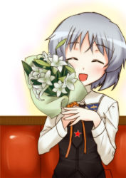 Rule 34 | 00s, 1girl, bouquet, easter lily, closed eyes, flower, kuroba (f-15c eagle), lily (flower), necktie, red upholstery, sanya v. litvyak, short hair, silver hair, smile, solo, strike witches, uniform, white flower, world witches series