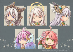 Rule 34 | 5girls, ahoge, arch bishop (ragnarok online), blue eyes, blue hair, brooch, closed mouth, commentary request, cowboy shot, crescent, crescent hair ornament, cross, gem, gold hairband, gradient hair, green eyes, green gemstone, hair between eyes, hair ornament, hairband, halo, jewelry, long hair, multicolored hair, multiple girls, open mouth, pink hair, pointy ears, portrait, profile, purple eyes, purple hair, ragnarok online, ranger (ragnarok online), shiyunako, smile, star (symbol), white hair