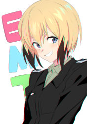 Rule 34 | 1girl, absurdres, black jacket, blazer, blonde hair, blue eyes, brown hair, chromatic aberration, erica hartmann, green shirt, hair between eyes, highres, jacket, long sleeves, looking at viewer, military, military uniform, multicolored hair, parted lips, shirt, shirt under jacket, short hair, sidelocks, simple background, smile, solo, strike witches, teeth, text background, two-tone hair, ulrich (tagaragakuin), uniform, white background, world witches series
