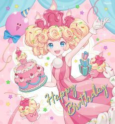 Rule 34 | 1girl, :d, artist name, balloon, bare arms, birthday cake, birthday cake cookie, blonde hair, blue eyes, blush, cake, candle, cookie run, cupcake, curly hair, dress, english text, food, gloves, happy birthday, heartki, highres, holding, holding food, humanization, icing, looking at viewer, object on head, open mouth, pom pom (clothes), ribbon, short hair, sleeveless, sleeveless dress, smile, solo, sprinkles, star (symbol), striped clothes, striped dress, twintails