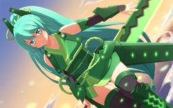 Rule 34 | 1girl, aqua hair, armor, bare shoulders, cloud, dutch angle, elbow gloves, fusion, gauntlets, gloves, glowing, greaves, green eyes, highres, japanese clothes, long hair, sky, solo, sunset, sword, tachimi (basue), thighhighs, vividgreen, vividred operation, weapon